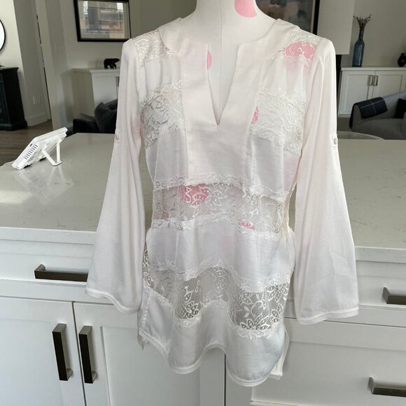 BCBGMaxAzria Erid Gardenia VNeck Lace Cover Up Adjustable Sleeve Cream Sz XS - Picture 3 of 16